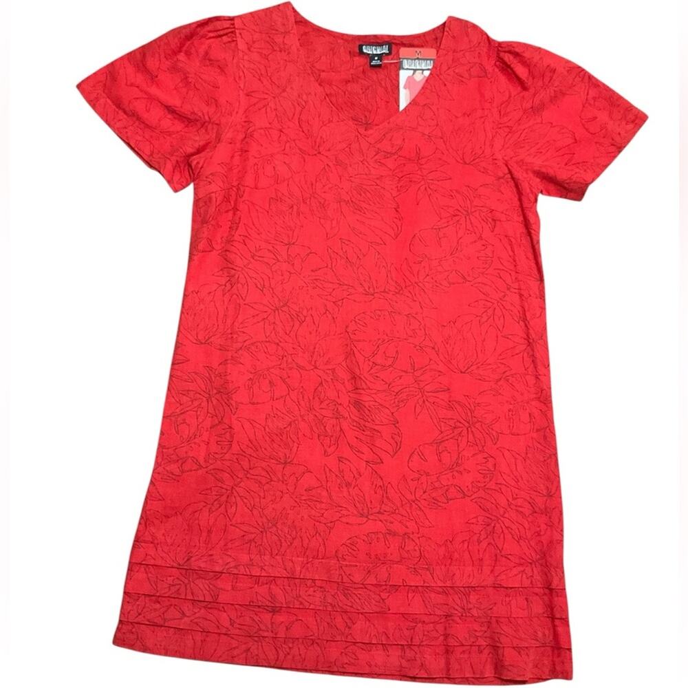 Nicole Miller Ladies Linen Red Dress Pattern Tropical leaf Size Medium NWT